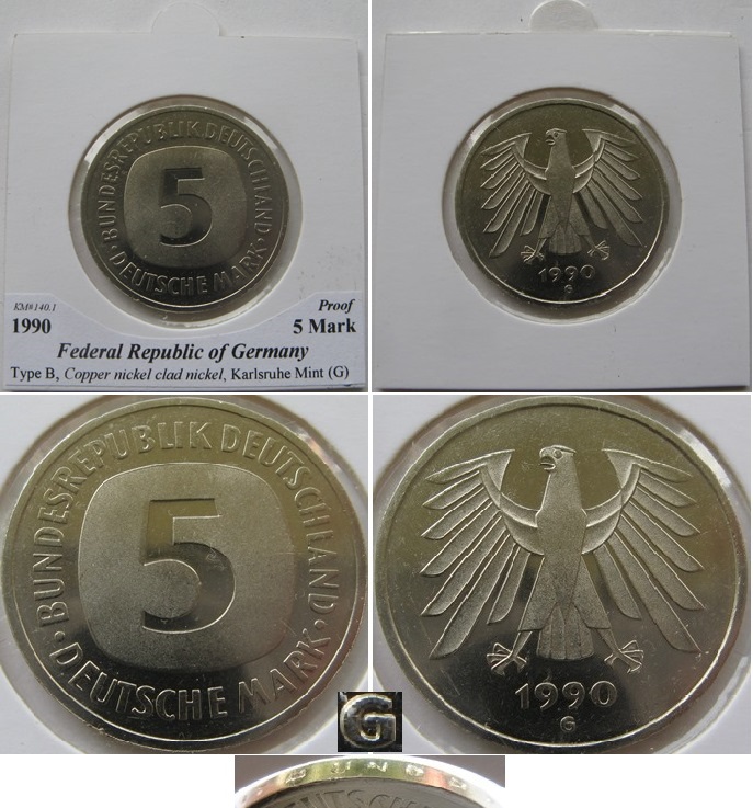  1990, Deutschland, 5 Mark (G), Polierte Platte (Typ A)   