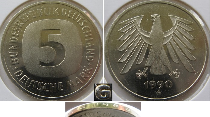  1990, Deutschland, 5 Mark (G), Polierte Platte (Typ A)   