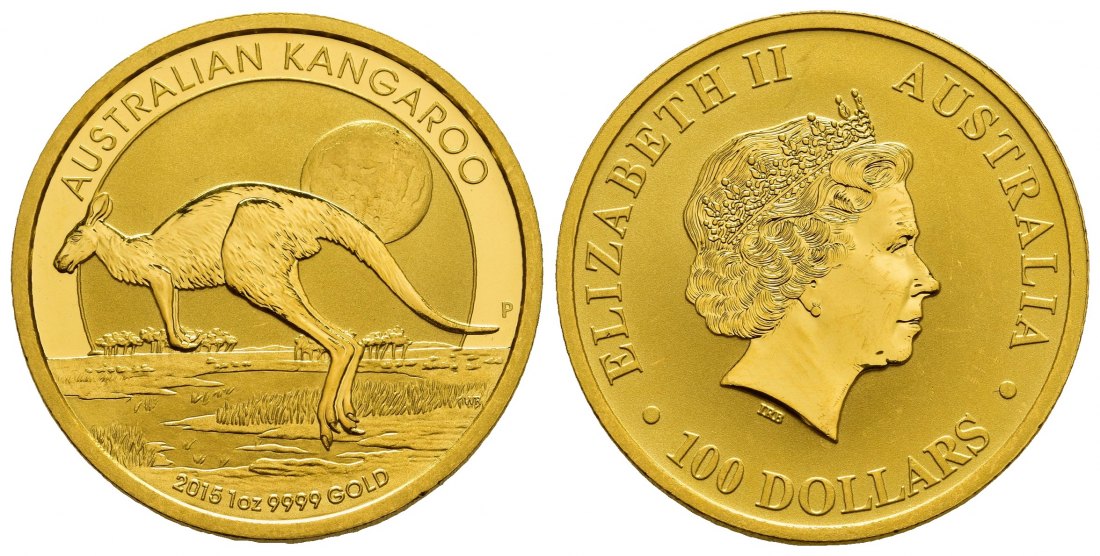 PEUS 1038 Australien 31,1 g Feingold. Hüpfendes Känguru 100 Dollars GOLD Unze 2015P Almost Uncirculated