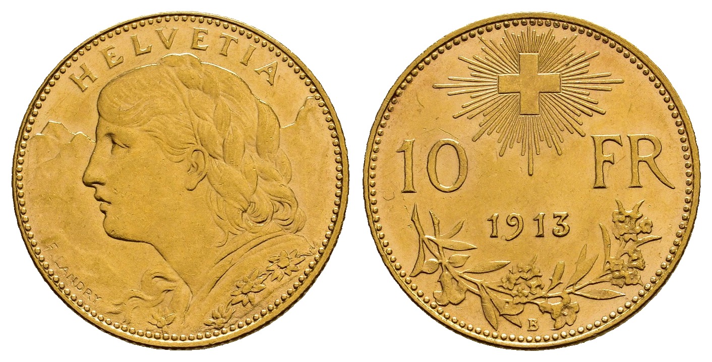PEUS 1041 Schweiz 2,9 g Feingold. Vreneli 10 Franken GOLD 1913 B Kl. Kratzer, fast Vorzüglich