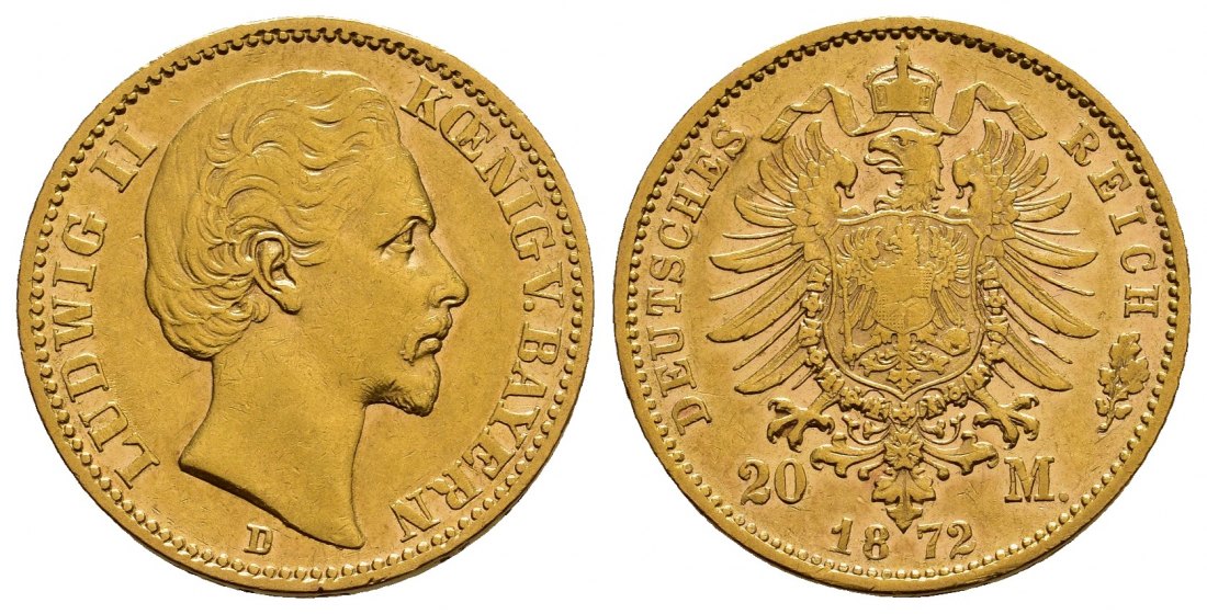 PEUS 1044 Kaiserreich - Bayern 7,16 g Feingold. Ludwig II. (1864 - 1886) 20 Mark GOLD 1872 D München Sehr schön