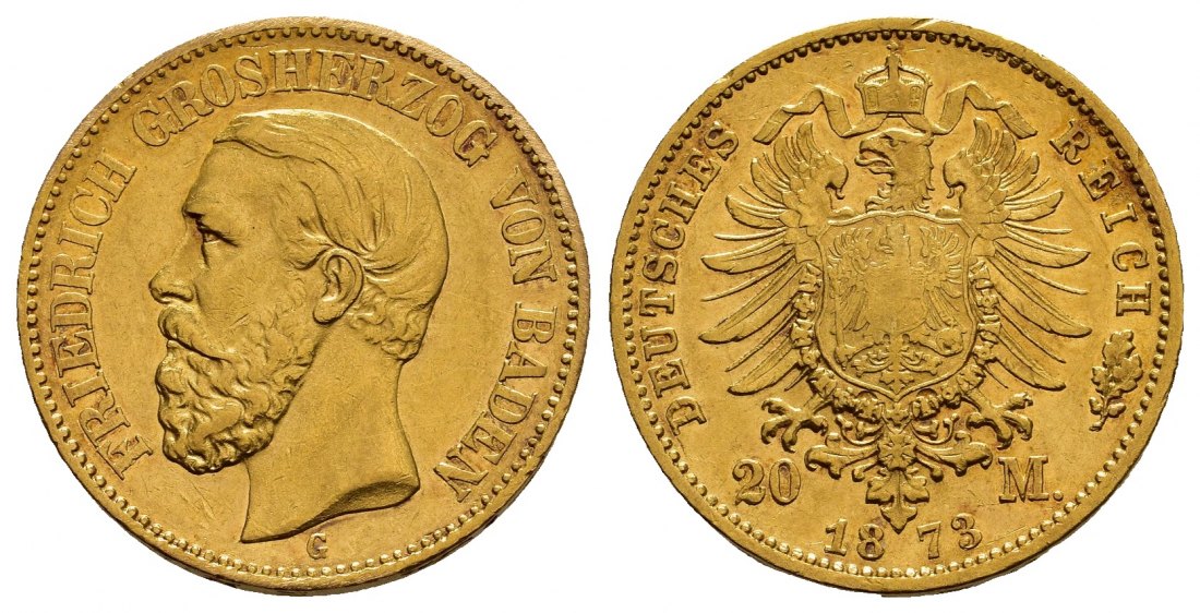 PEUS 1046 Baden - Kaiserreich 7,16 g Feingold. Friedrich I. (1852 - 1907) 20 Mark GOLD 1873 G Karlsruhe Fassungsspuren, Sehr schön