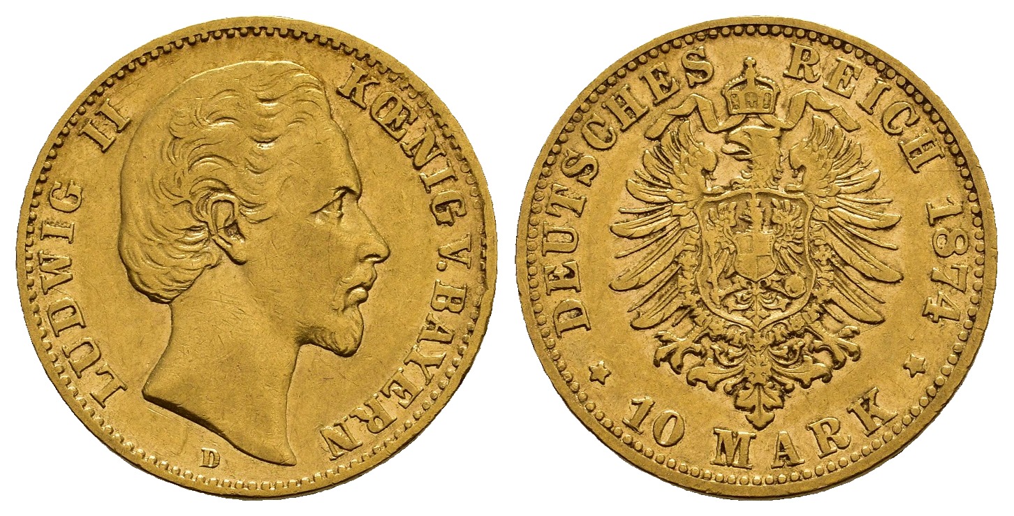PEUS 1047 Kaiserreich - Bayern 3,58 g Feingold. Ludwig II. (1864 -1886) 10 Mark GOLD 1874 D München Fassungsspuren, Sehr schön
