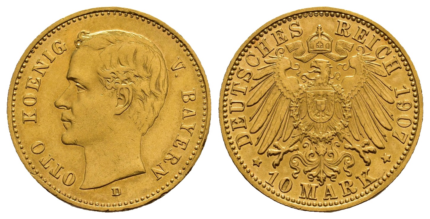 PEUS 1048 Kaiserreich - Bayern 3,58 g Feingold. Otto (1886 - 1913) 10 Mark GOLD 1907 D München Sehr schön