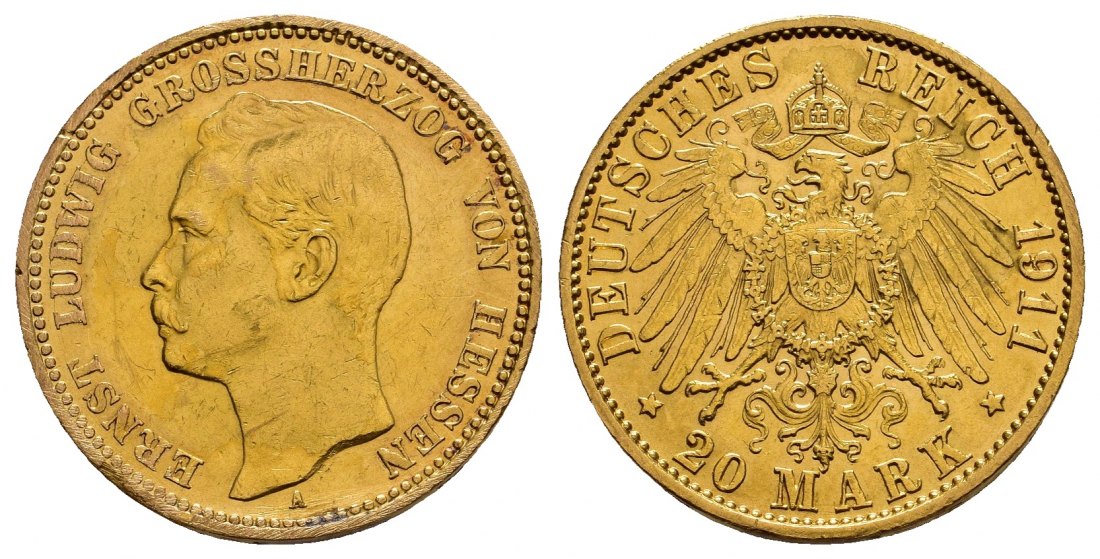 PEUS 1049 Hessen - Kaiserreich 7,16 g Feingold. Ernst Ludwig ( 1892 - 1918) 20 Mark GOLD 1911 A Berlin Fassungsspuren, Sehr schön