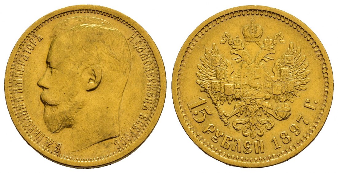 PEUS 1056 Russland 11,61 g Feingold. Zar Nikolaus II. (1894 - 1917) 15 Rubel GOLD 1897 АГ (AG) Sehr schön