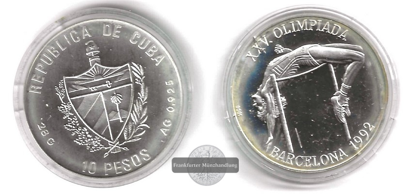  Kuba.  10 Pesos 1990 Olympiade 1992 Barcelona  FM-Frankfurt  Feinsilber: 25,9g   