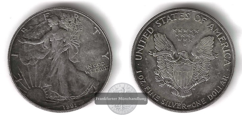  USA  1 Dollar 1991 American Silver Eagle   FM-Frankfurt     Feinsilber: 31,11g   