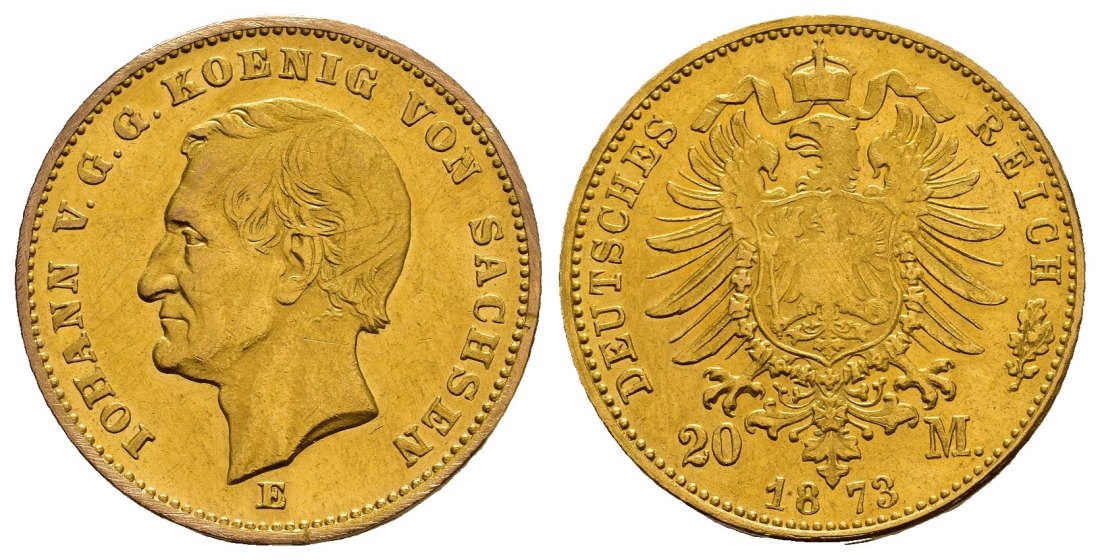 PEUS 1062 Sachsen - Kaiserreich 7,16 g Feingold. Johann (1854 - 1873). Große Buchstaben 20 Mark GOLD 1873 E Fassungsspuren, Sehr schön