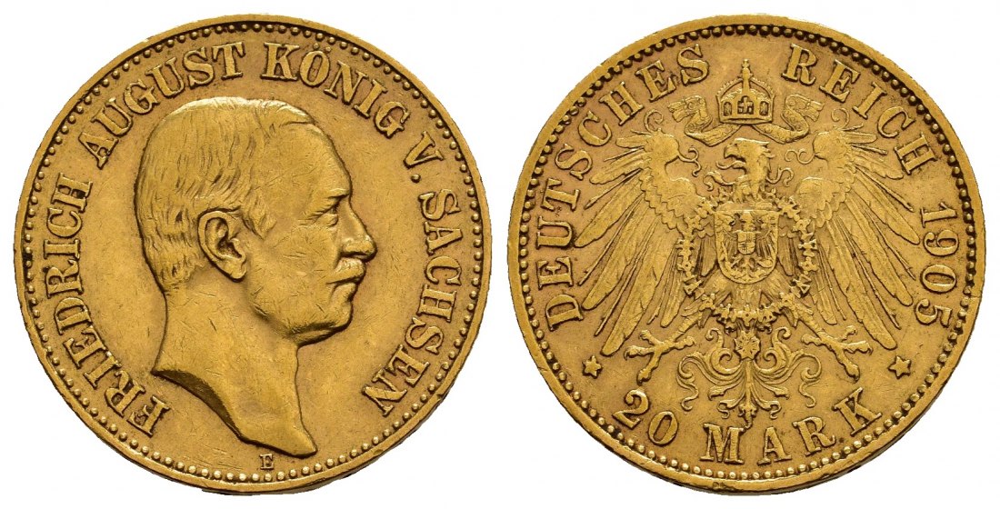 PEUS 1065 Sachsen - Kaiserreich 7,16 g Feingold. Friedrich August III. (1904 - 1918) 20 Mark GOLD 1905 E Muldenhüt Randfehler, Sehr schön