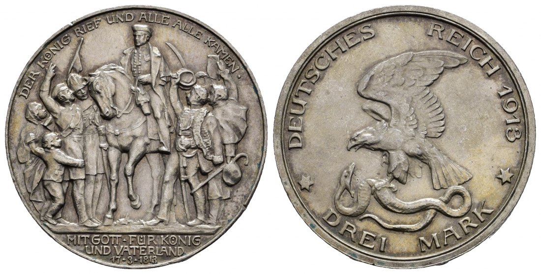 PEUS 1066 Kaiserreich - Preußen Befreiungskriege gegen Frankreich 3 Mark 1913 A Kl. Randfehler, sehr schön