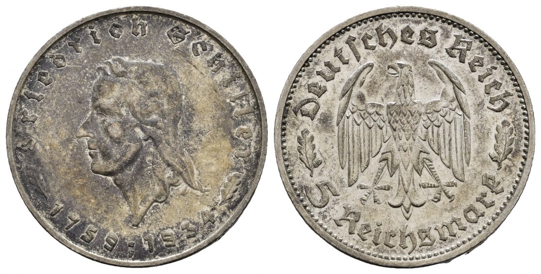PEUS 1068 Drittes Reich Schiller 5 Mark 1934 F Sehr schön