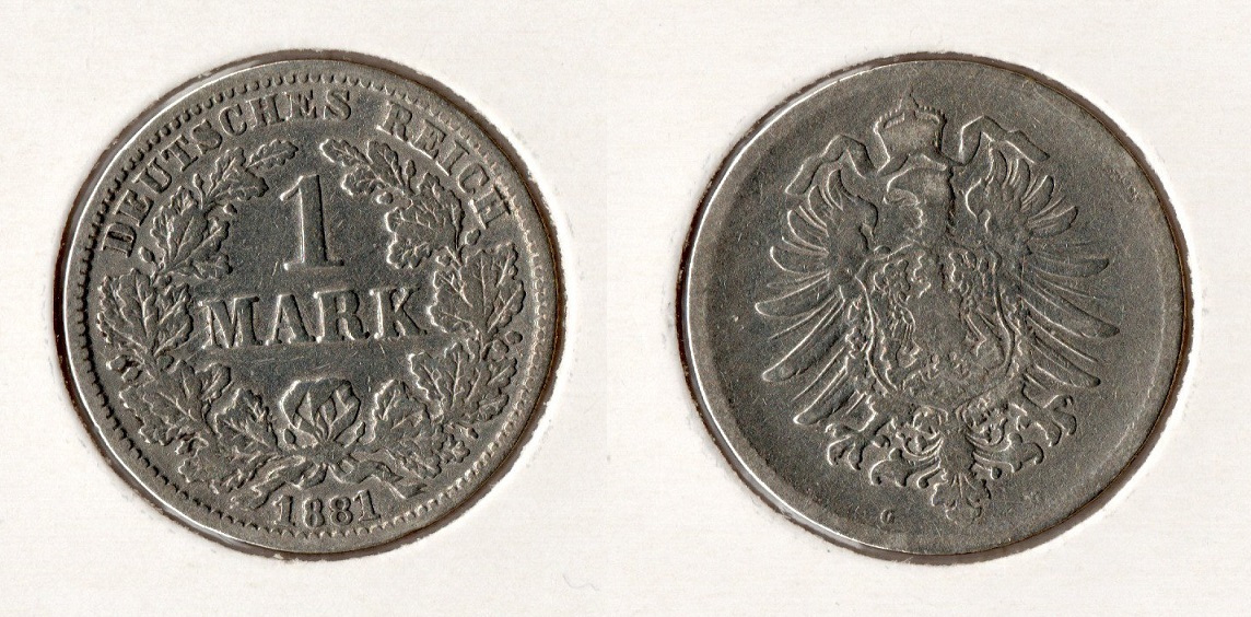  Kaiserreich 1 Mark 1881 -G- s-ss Silber/ Jaeger 9.   