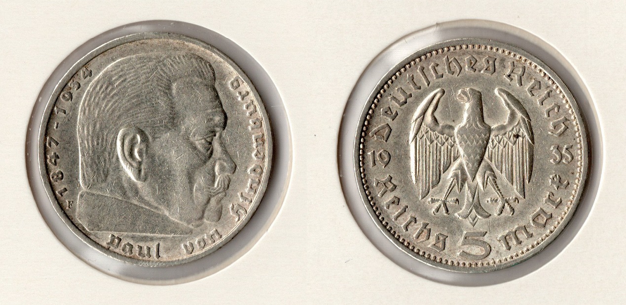  III. Reich 5 Reichsmark 1935 -F- Hindenburg Jaeger 360. f.vz Silber   