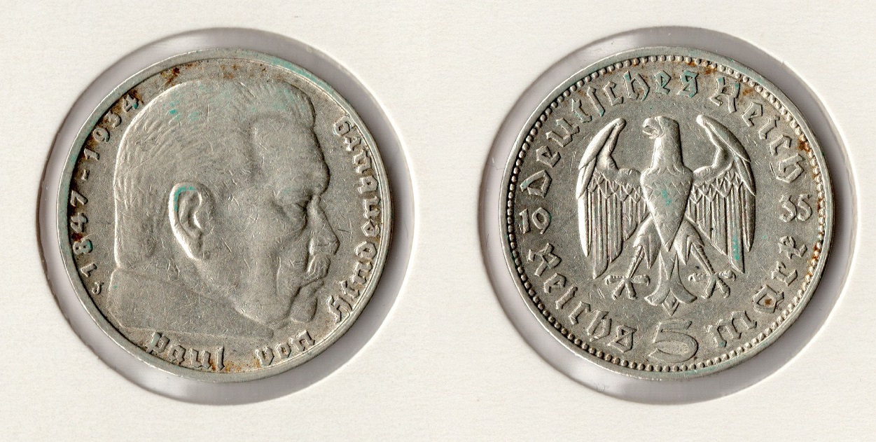  III. Reich 5 Reichsmark 1935 -J- Hindenburg Jaeger 360. f.vz Silber   