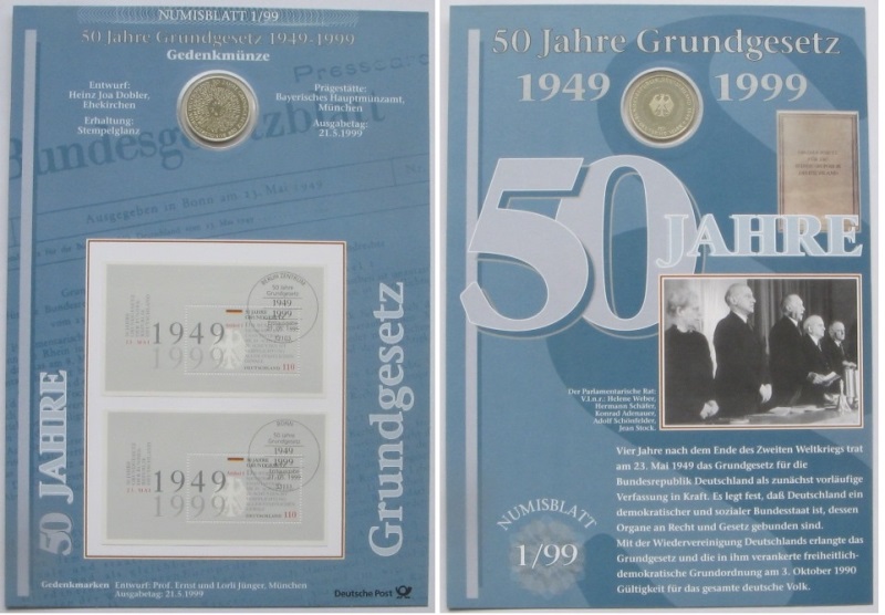  1999, Germany,Numiscard: Bundesrepublik Constitution  with 10 Mark 925 silver coin   