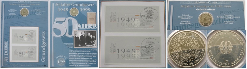  1999, Germany,Numiscard: Bundesrepublik Constitution  with 10 Mark 925 silver coin   