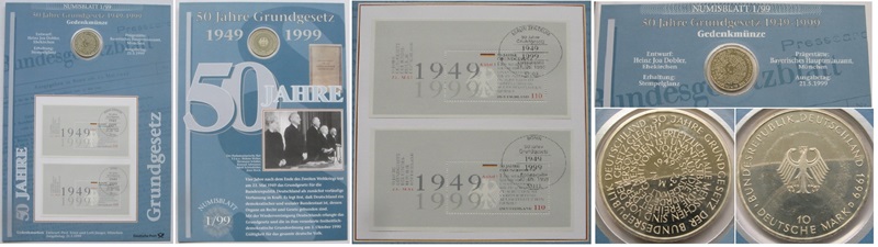  1999-Deutchland-Numisblatt:Verfassung der Bundesrepublik mit 10 Mark 925er Silbermünze   