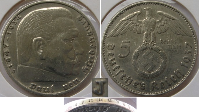  1937, Deutschland-Drittes Reich, 5 Reichsmark (J), Silbermünze, P. Hindenburg   