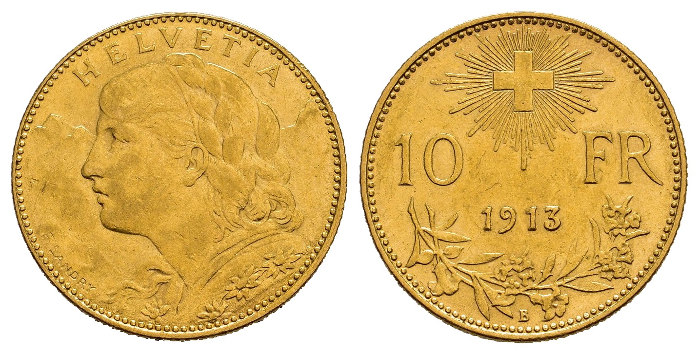 PEUS 1114 Schweiz 2,9 g Feingold. Vreneli 10 Franken GOLD 1913 B Sehr schön