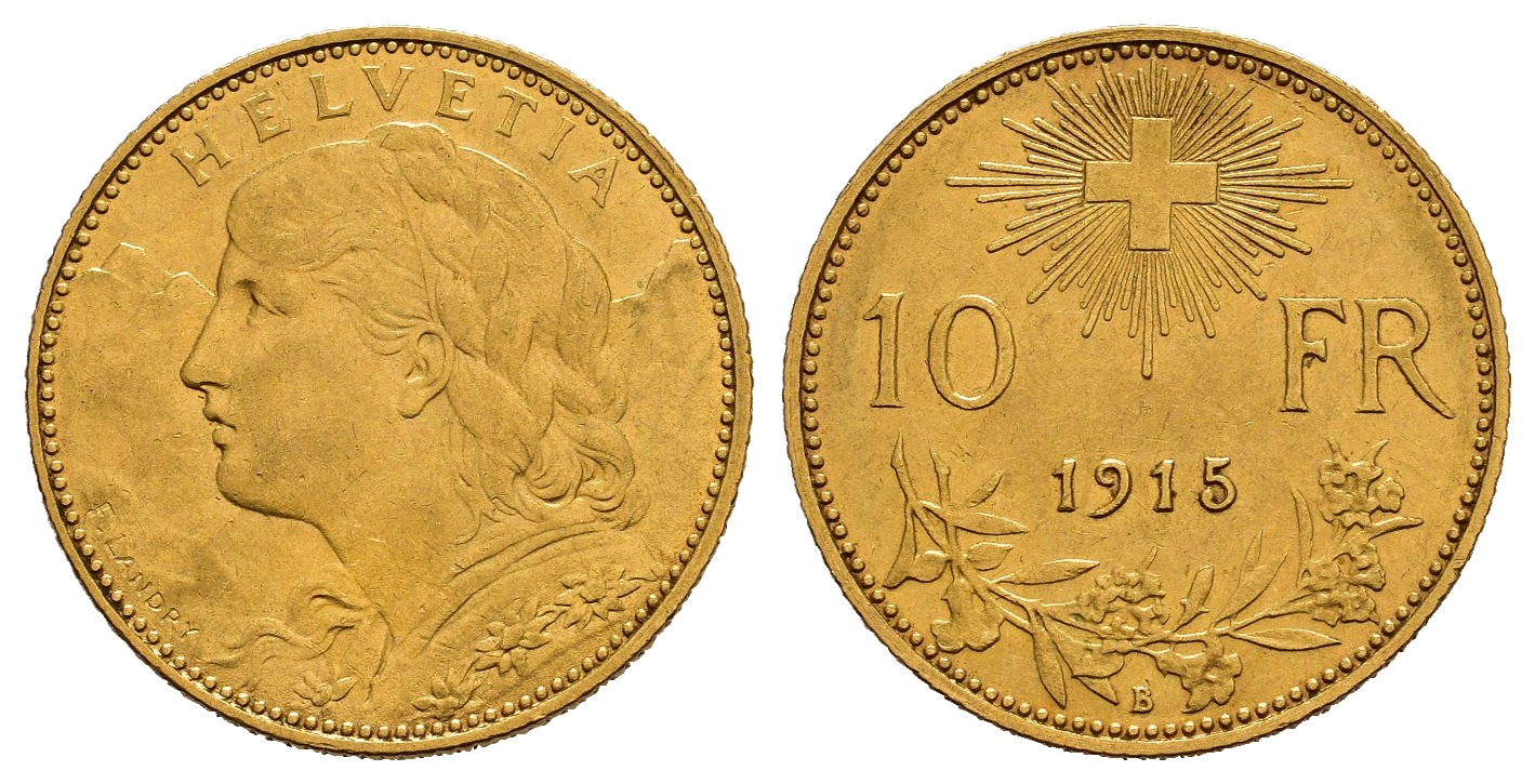 PEUS 1115 Schweiz 2,9 g Feingold. Vreneli 10 Franken GOLD 1915 B Sehr schön