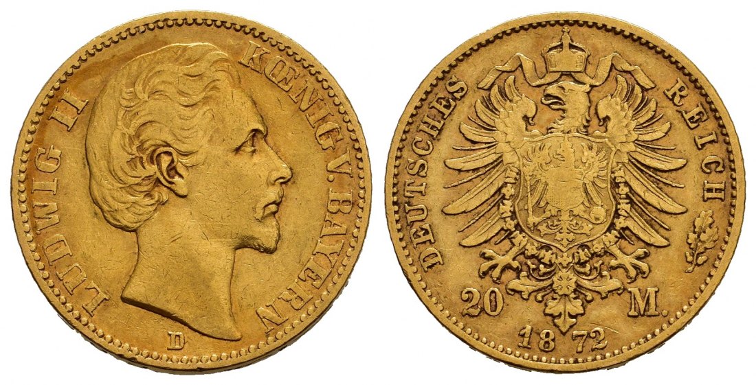 PEUS 1140 Kaiserreich - Bayern 7,16 g Feingold. Ludwig II. (1864 - 1886) 20 Mark GOLD 1872 D München Sehr schön