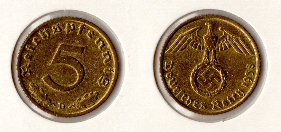  III. Reich 5 Reichspfennig 1938 -D- ss-vz Jaeger 363.   