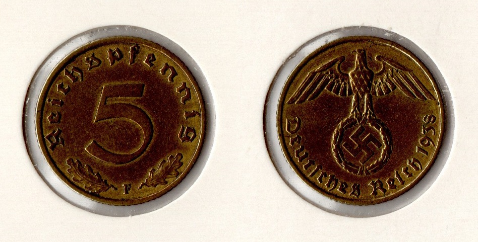  III. Reich 5 Reichspfennig 1938 -F- ss-vz Jaeger 363.   