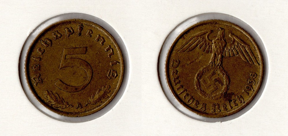  III. Reich 5 Reichspfennig 1938 -A- ss Jaeger 363.   