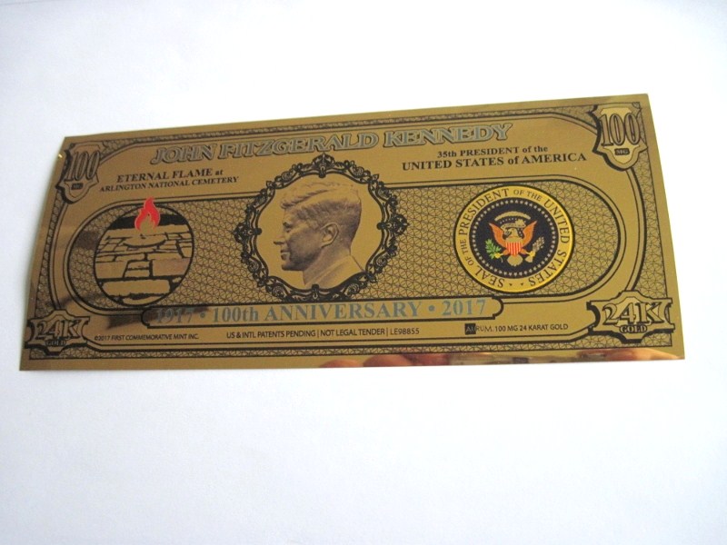 John F. Kennedy Dollar Banknote Imitat in Gold 24 Karat 2017 USA $