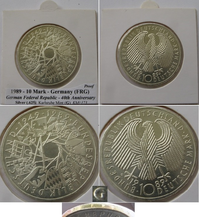  1989-Germany-10 Mark (G)- 40th Anniversary of the German Federal Republic-silver coin-Proof   