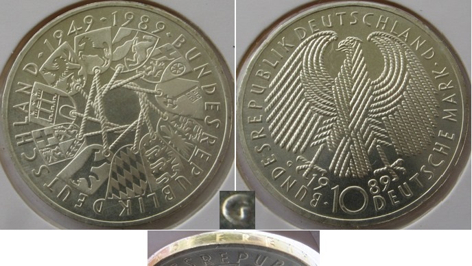  1989-Germany-10 Mark (G)- 40th Anniversary of the German Federal Republic-silver coin-Proof   