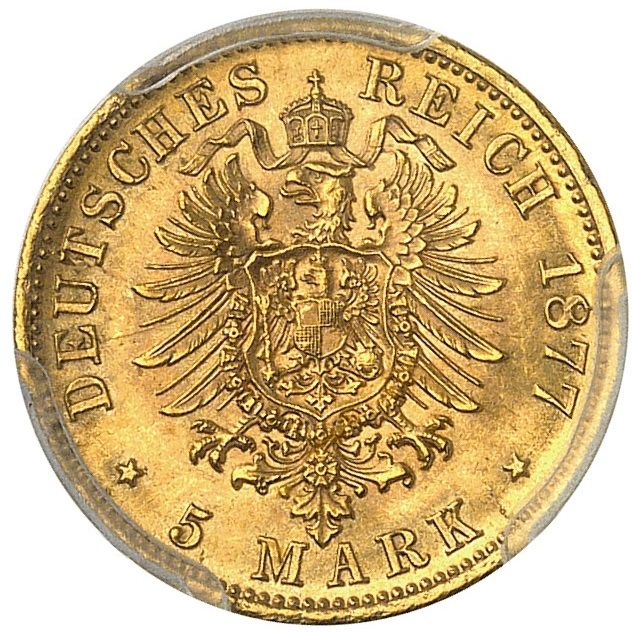  Deutsches Reich 5 Mark 1877 | PCGS MS 63 | Karl I. Württemberg   