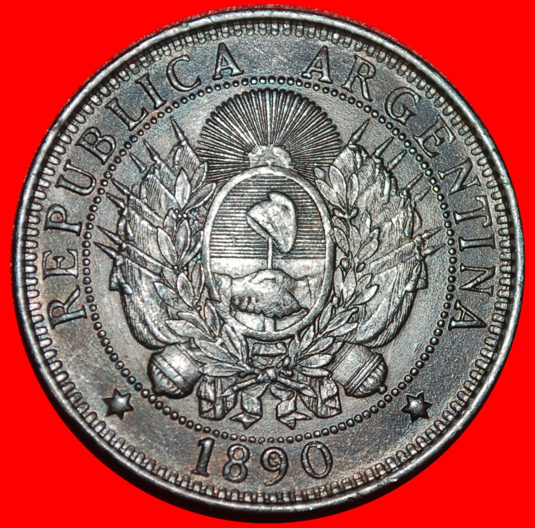 * FACE OF SUN AND STARS (1882-1896): ARGENTINA ★ 2 CENTAVOS 1890 PATINA! LOW START ★ NO RESERVE!