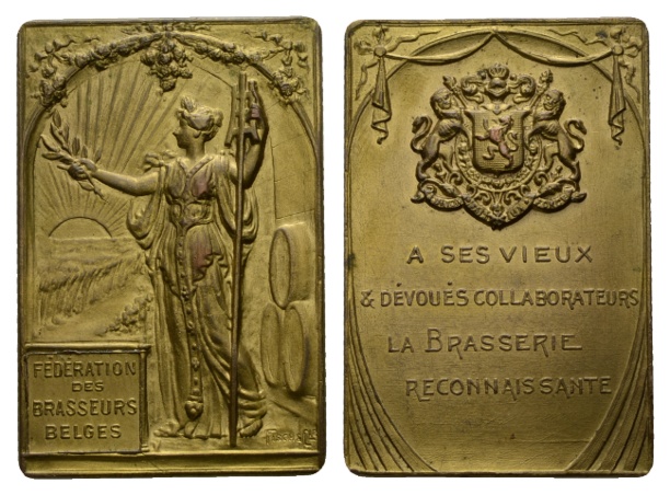  Belgien; vergold. Bronze-Plakette o.J.; 38,83 g; H x B 55,83 x 37,73 mm   