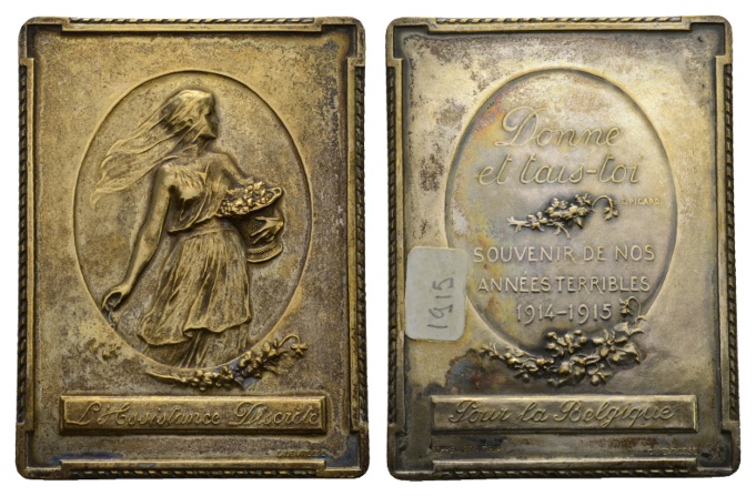  Belgien; Bronze-Plakette 1915; VS vergold.; RS versilb.; 63,73 g; H x B 60,92 x 46,17 mm   