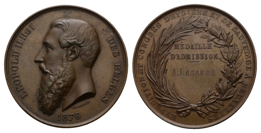  Belgien; Medaille 1876; Bronze; 94,25 g; Ø 60,28 mm   