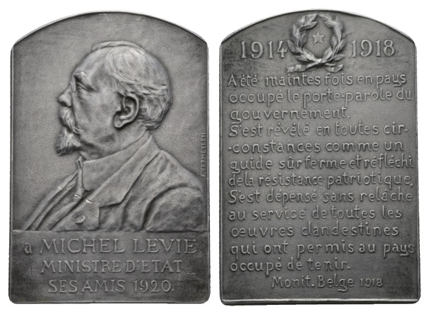  Belgien; Zink Hohlguß Plakette 1920; 22,33 g; H x B 67,48 x 46,04 mm   
