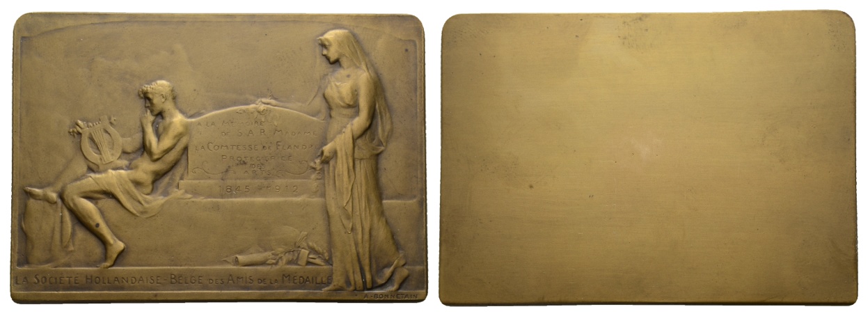  Belgien; einseitige Bronze-Plakette 1912; 92,73 g; H x B 53,40 x 75,68 mm   