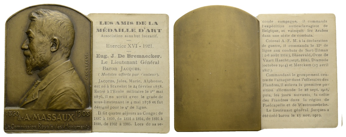  Belgien; einseitige Bronze-Plakette 1908; 101,57 g; H x B 70,68 x 48,49 mm   