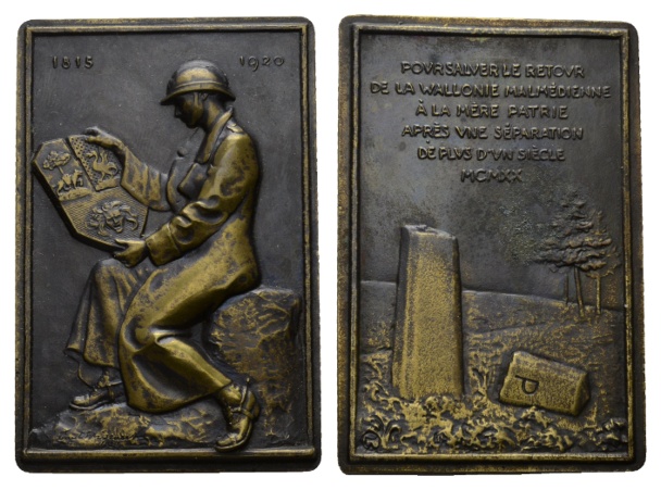  Belgien; Bronze-Plakette 1920; 115,71 g; H x B 69,62 x 46,73 mm   