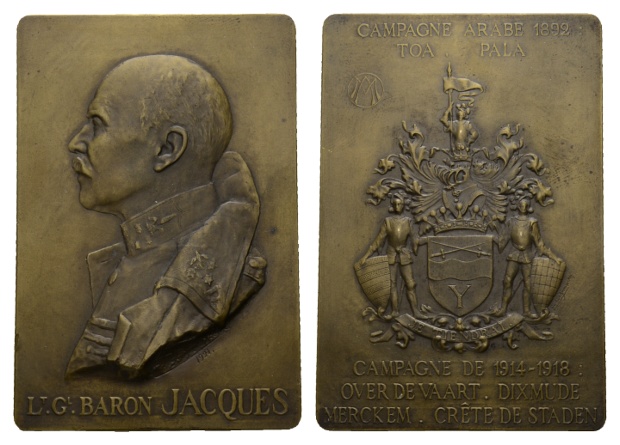  Belgien; Bronze-Plakette 1918; 99,63 g; H x B 69,84 x 47,71 mm   