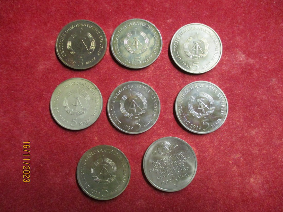  Lot - Sammlung DDR 8 Münzen 5 Mark /X19   