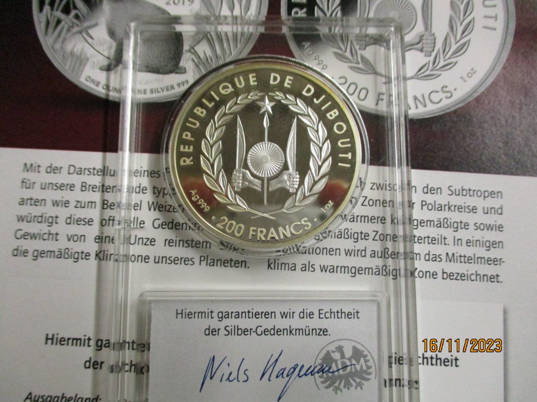  200 Francs Dschibuti Silbermünze 999er Silber siehe Foto   
