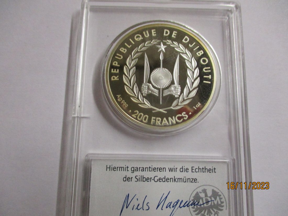  200 Francs Djibouti Silbermünze 999er Silber siehe Foto   
