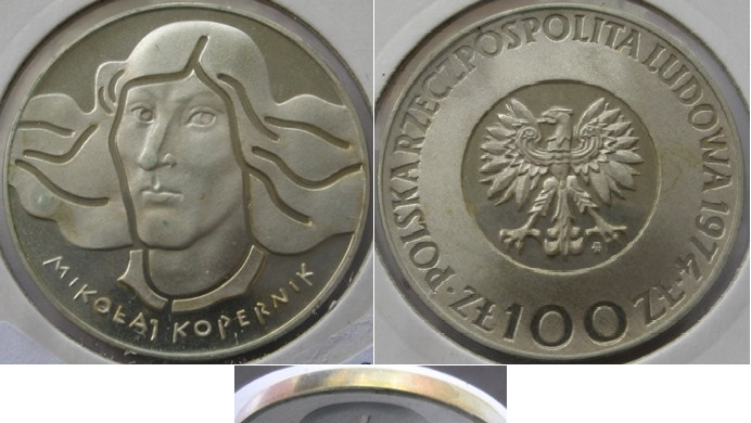  1974,Poland, 100 Zlotych, silver proof coin: Mikołaj Kopernik   