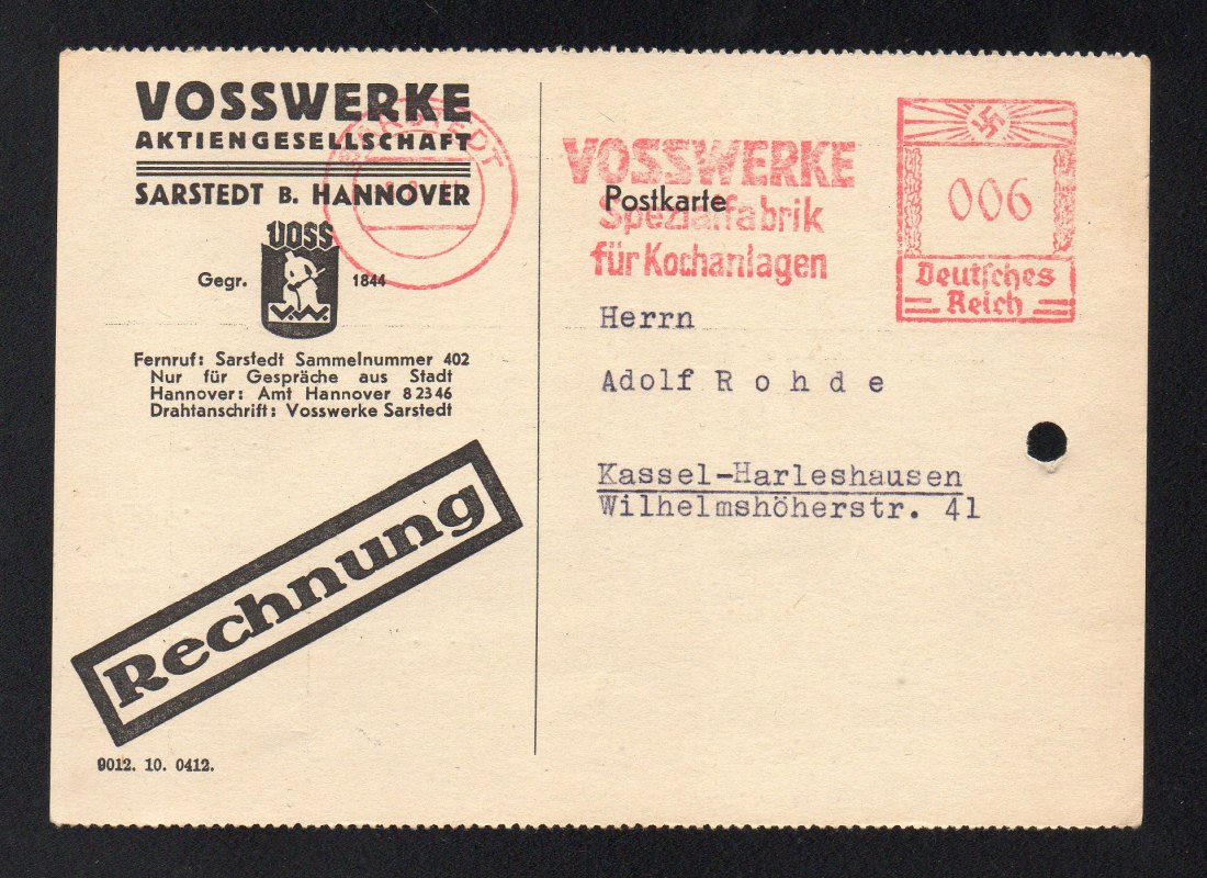  Drittes Reich Postkarte mit Rechnung Vosswerke Sarstedt b. Hannover 1941   