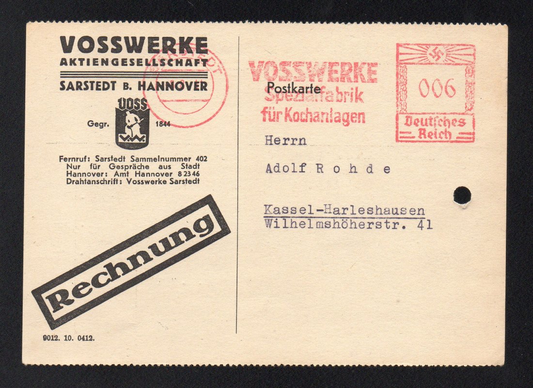 Drittes Reich Postkarte mit Rechnung Vosswerke Sarstedt b. Hannover 1941