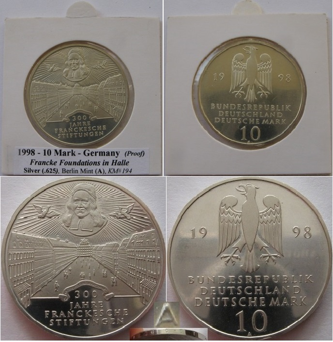  1998 – Deutschland – 10 Mark (A) – Franckesche Stiftungen – Silbermünze – Polierte Platte   