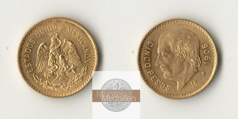 Mexiko  5 Pesos MM-Frankfurt Feingold: 3,75g Miguel Hidalgo y Costilla 1906 